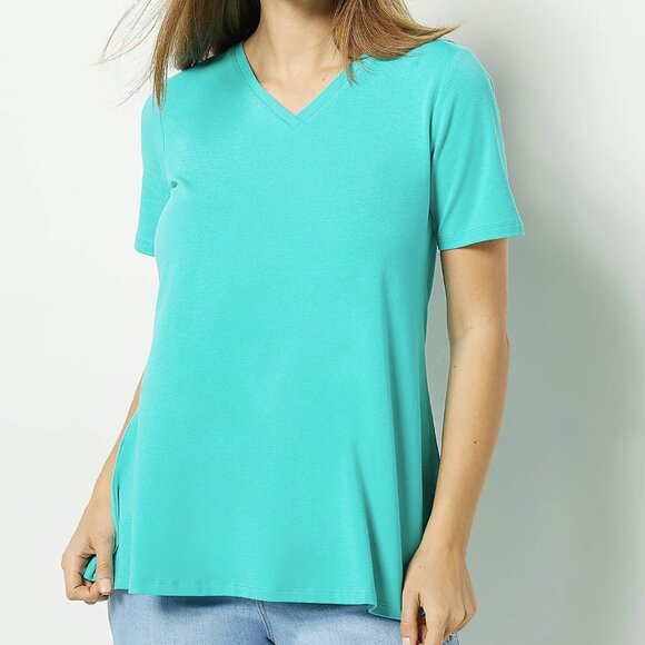 Denim & Co. Essentials Jersey V-Neck Short Sleeve Swing Tunic Top  15087 - Picture 1 of 1